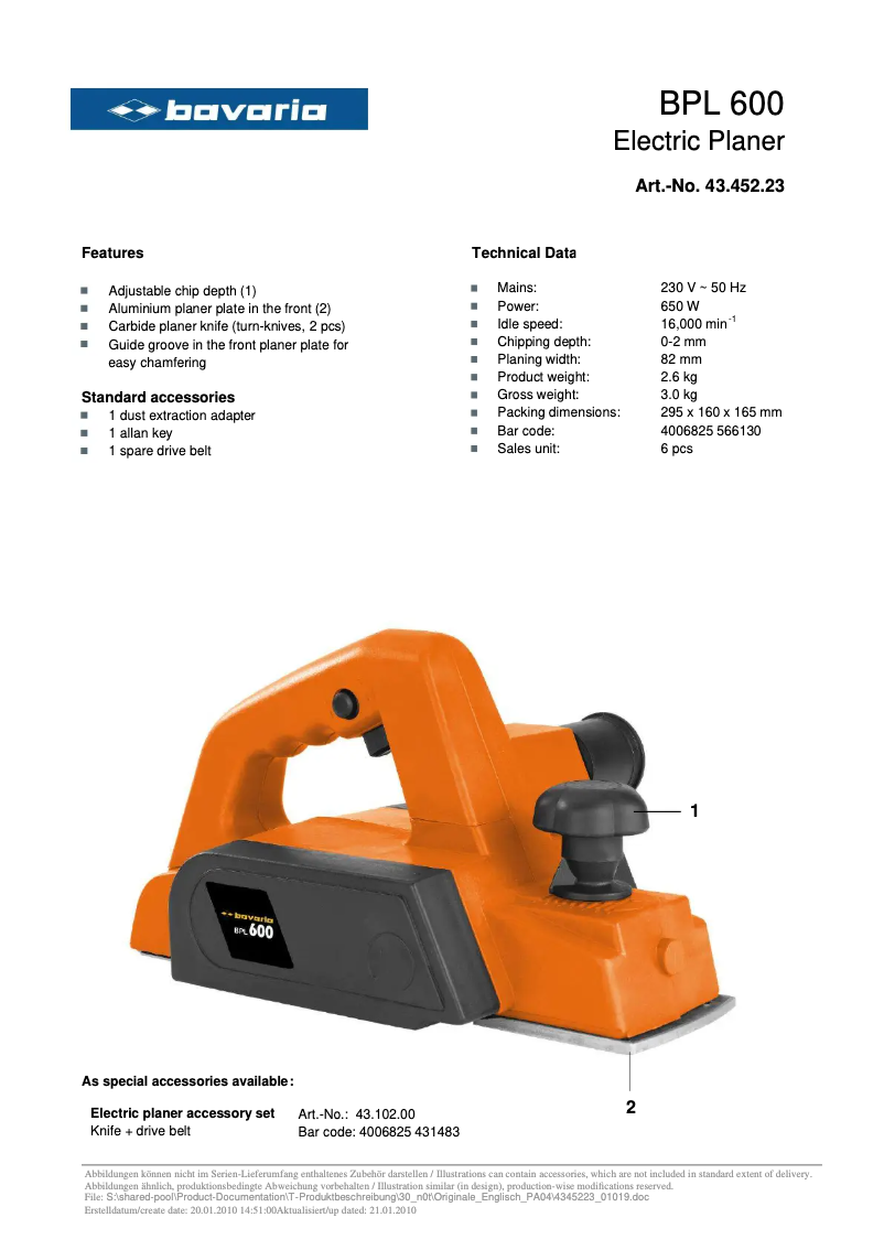 Page n°1 - Fiche technique Bavaria BPL 600