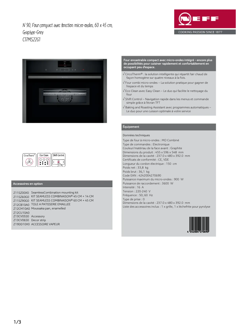 Page 1 de la notice Fiche technique Neff C17MS22G1