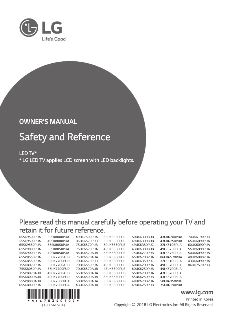 Page 1 de la notice Manuel utilisateur LG 75SK8070AUB
