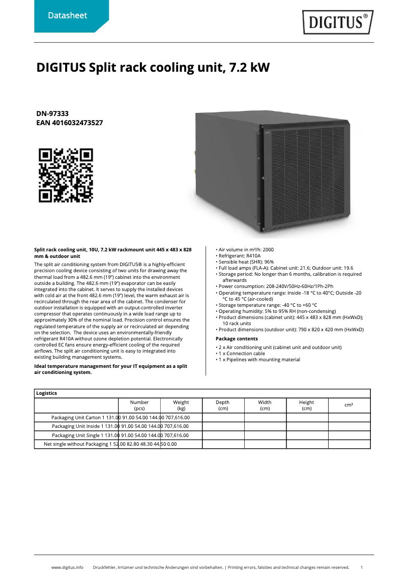 Page 1 de la notice Fiche technique Digitus DN-97333