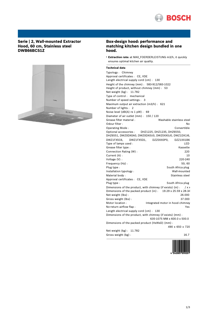 Page 1 de la notice Fiche technique Bosch DWB66BC51Z