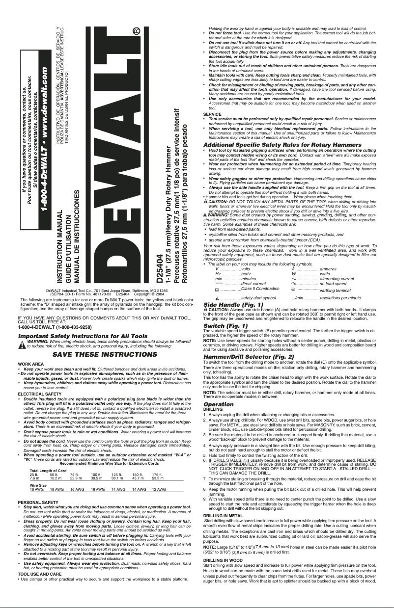 Page 1 de la notice Manuel d'utilisation et d'entretien DeWalt D25404K