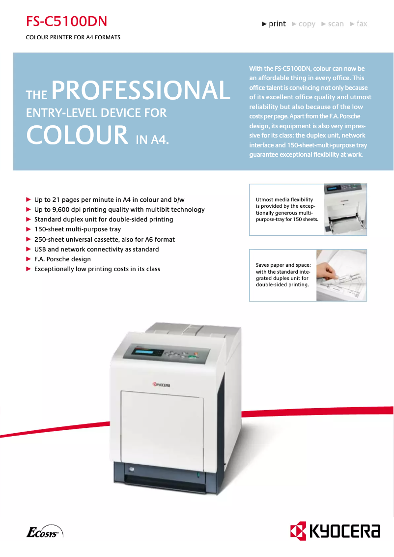 Page 1 de la notice Fiche technique Kyocera FS-C5100DN