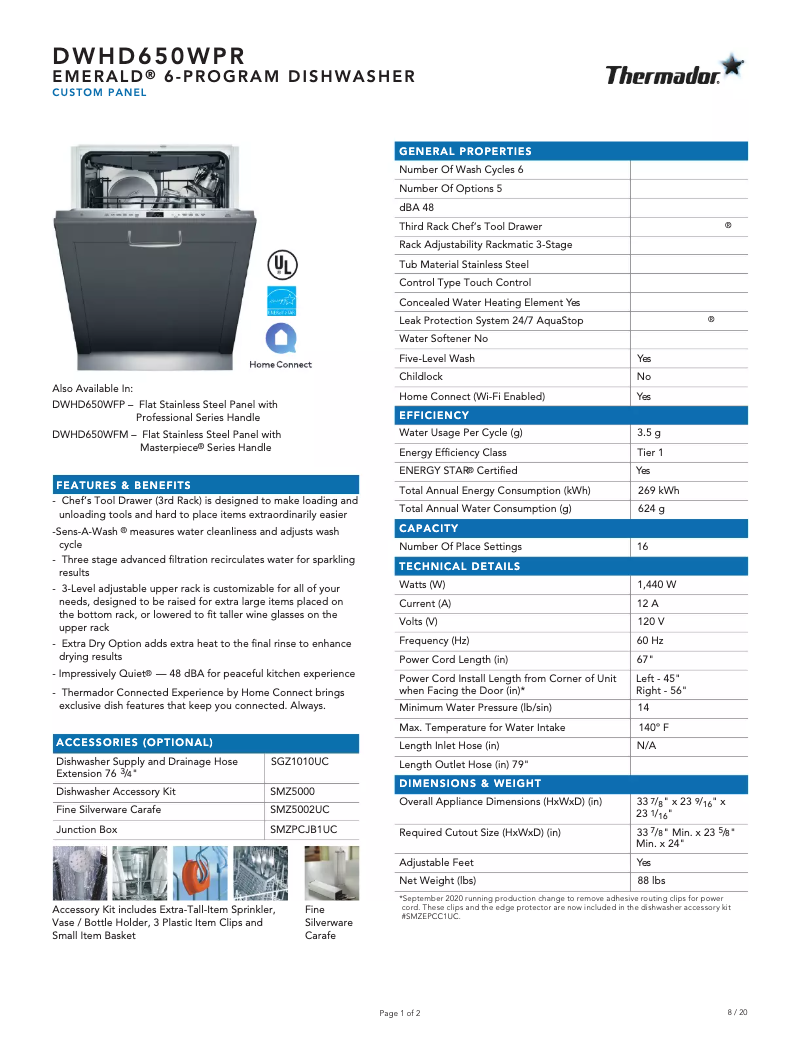 Page n°1 - Fiche technique Thermador DWHD650WPR