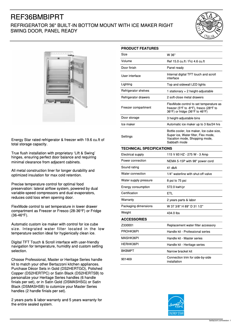 Page 1 de la notice Fiche technique Bertazzoni REF36BMBIPRT