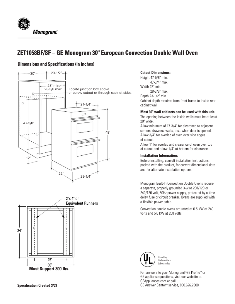Page 1 de la notice Fiche technique GE ZET1058BFBB