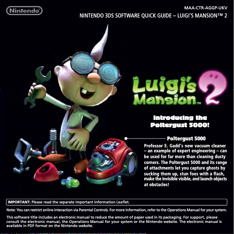 Imagen de la primera página del manual del dispositivo Luigi’s Mansion 2