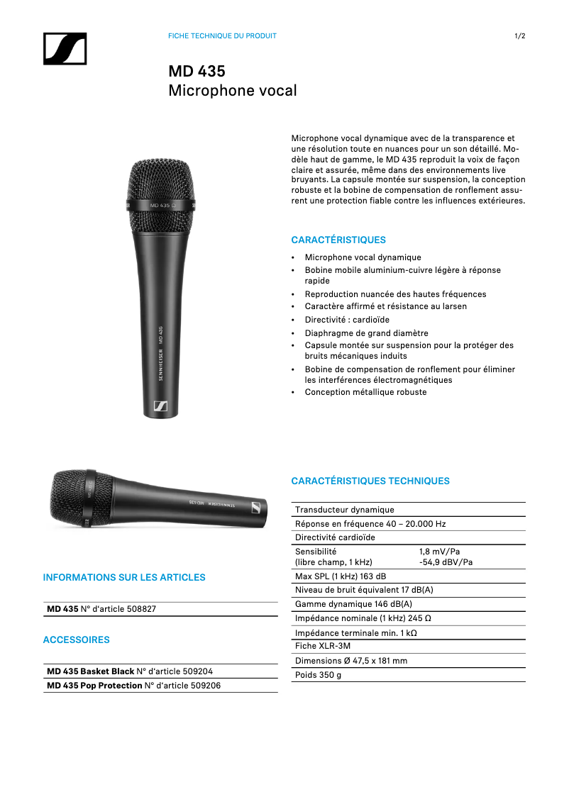 Page n°1 - Fiche technique Sennheiser MD 435
