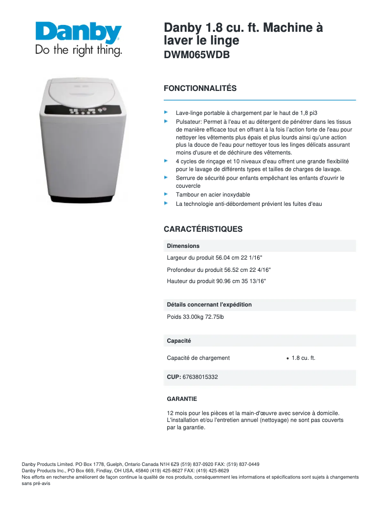 Page n°1 - Fiche technique Danby DWM065WDB