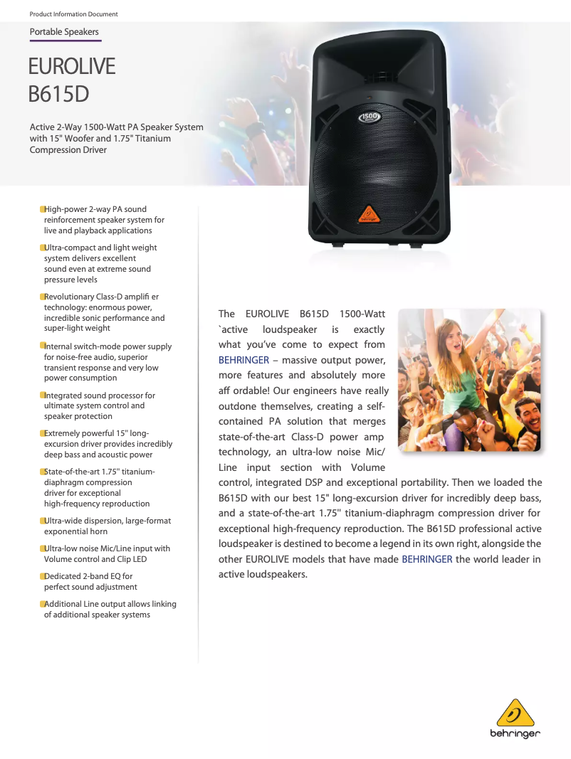 Page 1 de la notice Fiche technique Behringer Eurolive B615D