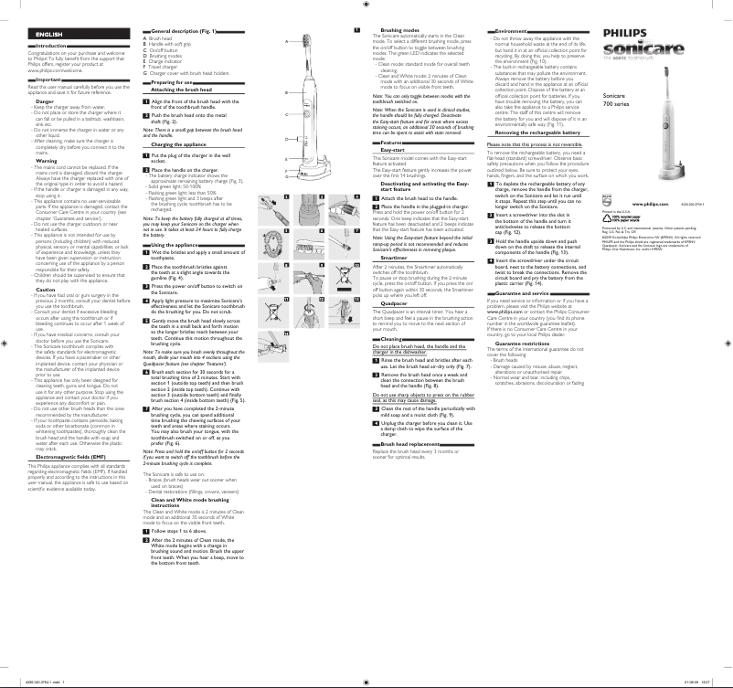 Page 1 of the manual Quick Start Guide Philips Sonicare HealthyWhite HX6711