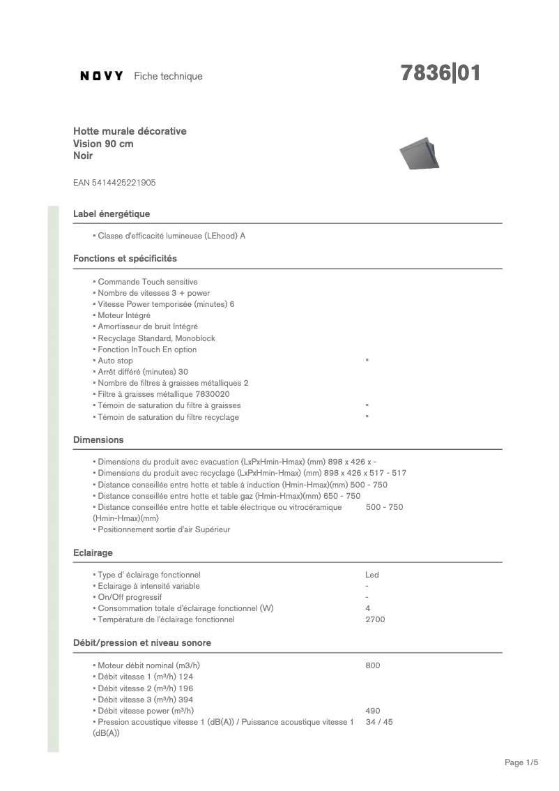 Page 1 de la notice Fiche technique Novy Vision 7836