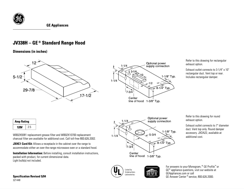 Page n°1 - Fiche technique GE JV338HWW