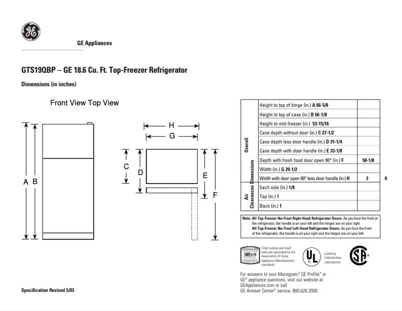 Página 1 del manual Ficha técnica GE GTS19QBPCC