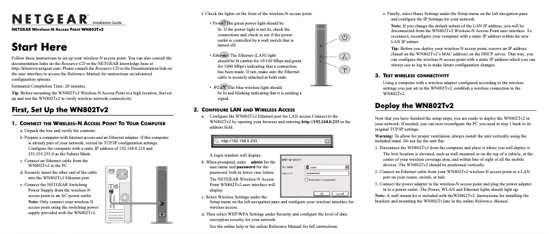 Page n°1 - Guide d'installation Netgear WN802Tv2