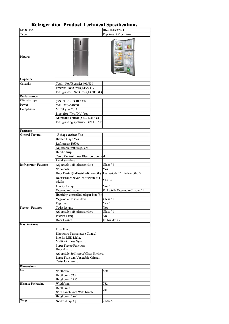 Page 1 de la notice Fiche technique Hisense HR6TFF437SD