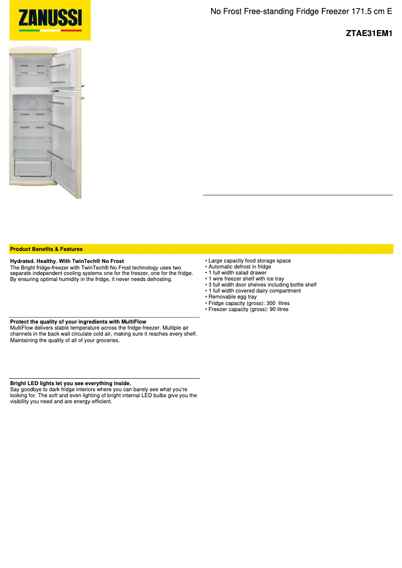 Página 1 del manual Ficha técnica Zanussi ZTAE31EM1