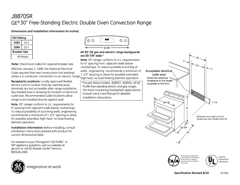 Página 1 del manual Ficha técnica GE JB870SRSS