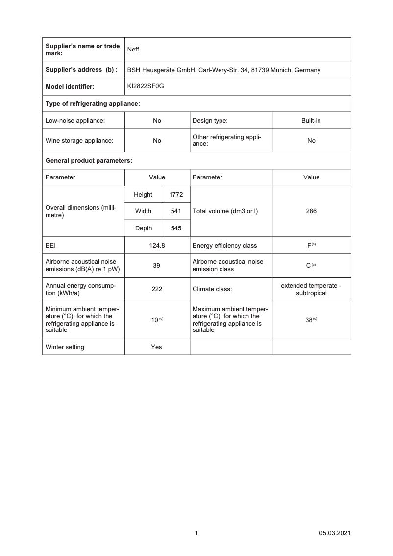 Page 1 de la notice Fiche technique Neff KI2822SF0G