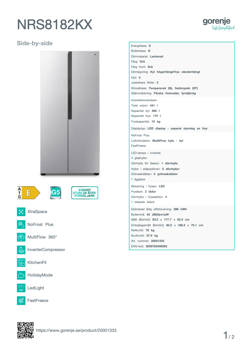 Page n°1 - Manuel utilisateur Gorenje NRS8182KX