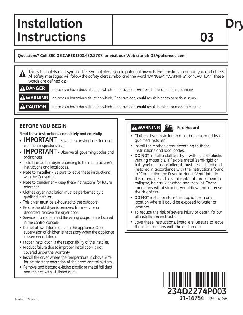 Page n°1 - Guide d'installation GE GFDS175EHDG
