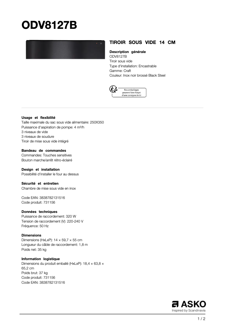 Page 1 de la notice Fiche technique Asko ODV8127B