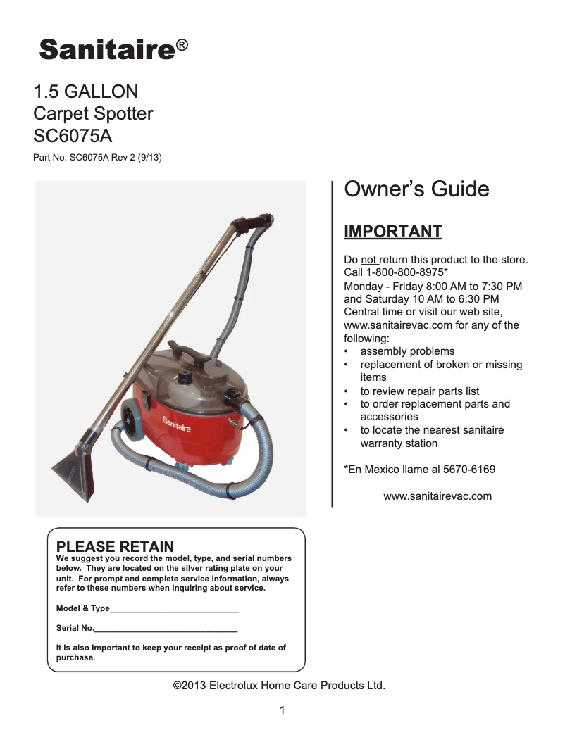 Página 1 del manual Manual de usuario Sanitaire RESTORE SC6075A