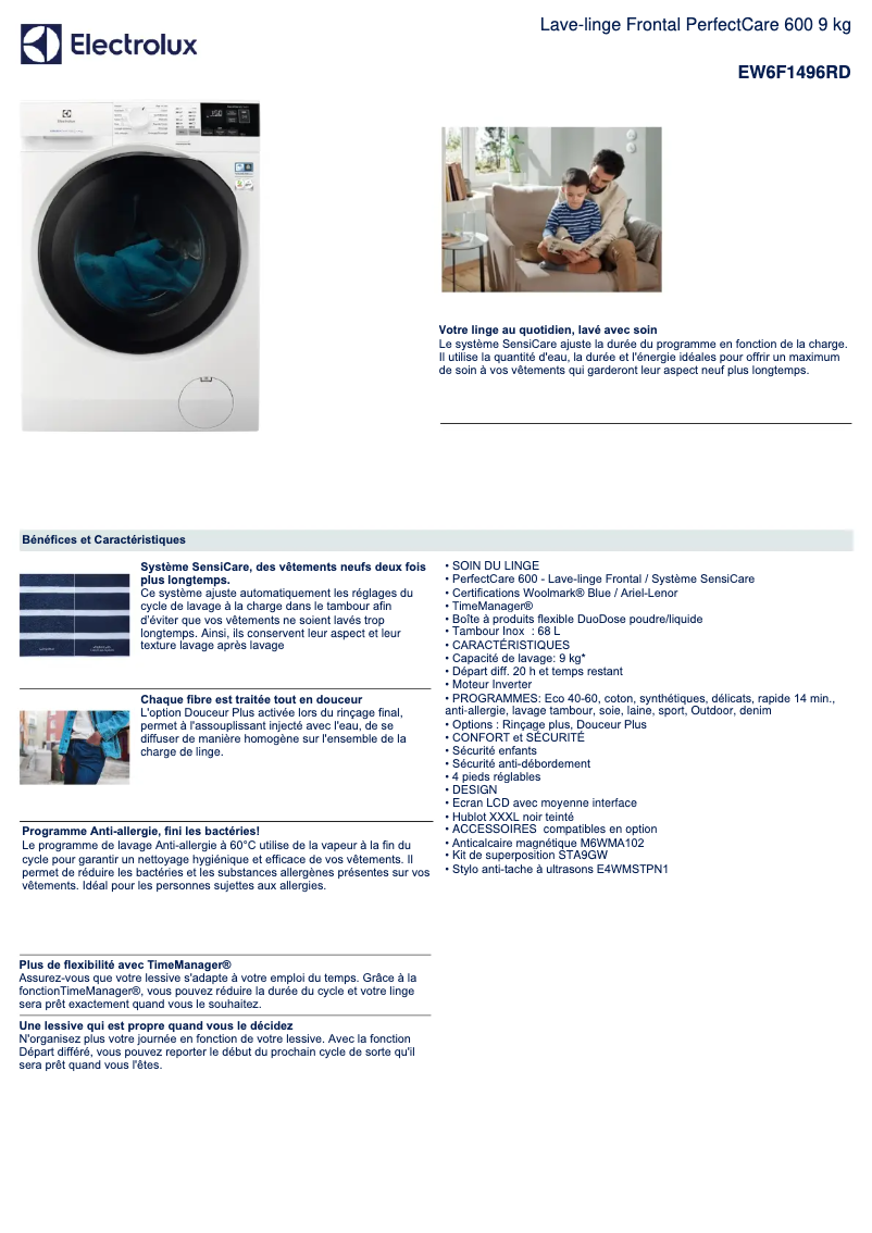 Page 1 de la notice Fiche technique Electrolux EW6F1496RD
