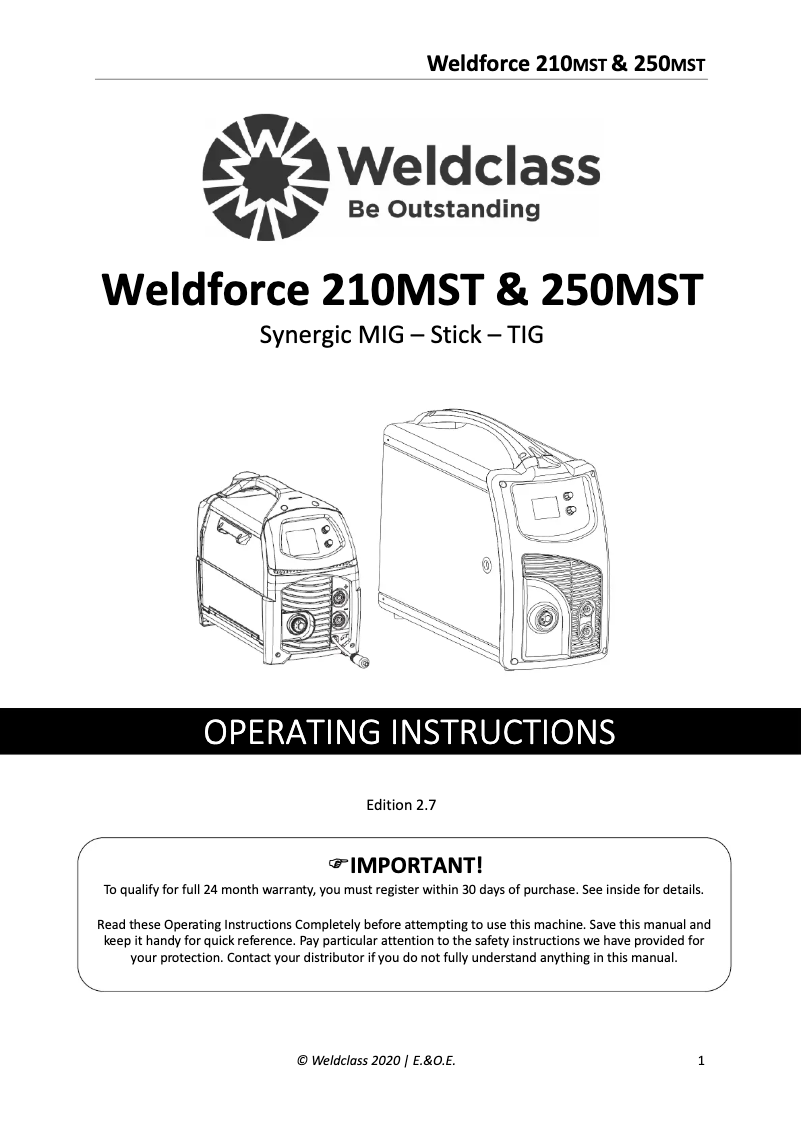 Page n°1 - Manuel utilisateur Weldclass Weldforce 210MST
