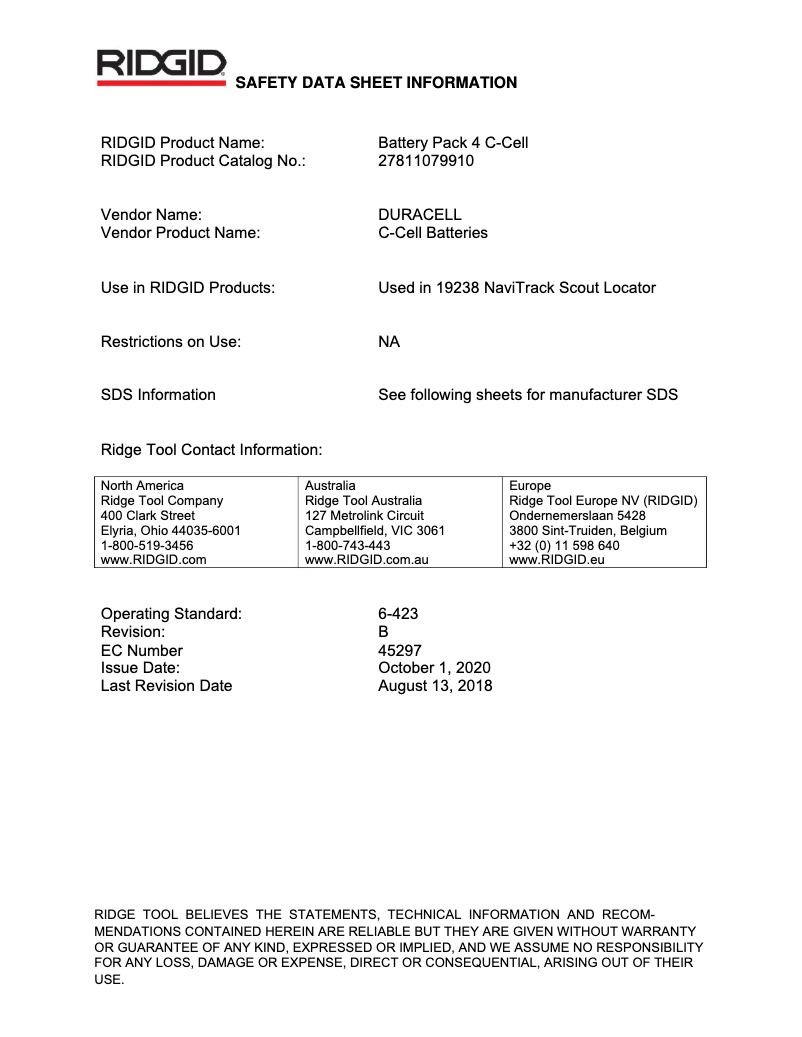Page 1 de la notice Fiche technique Ridgid SeekTech SR-24