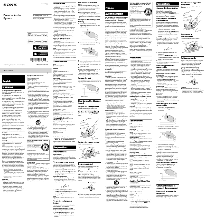 Page 1 de la notice Manuel utilisateur Sony RDP-T50iPN