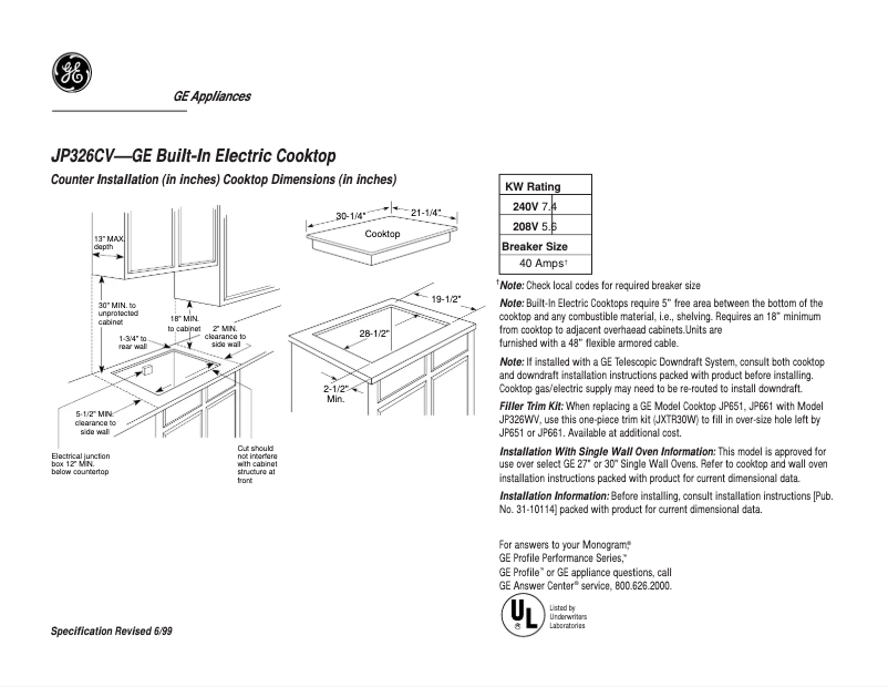 Página 1 del manual Ficha técnica GE JP326CVBC