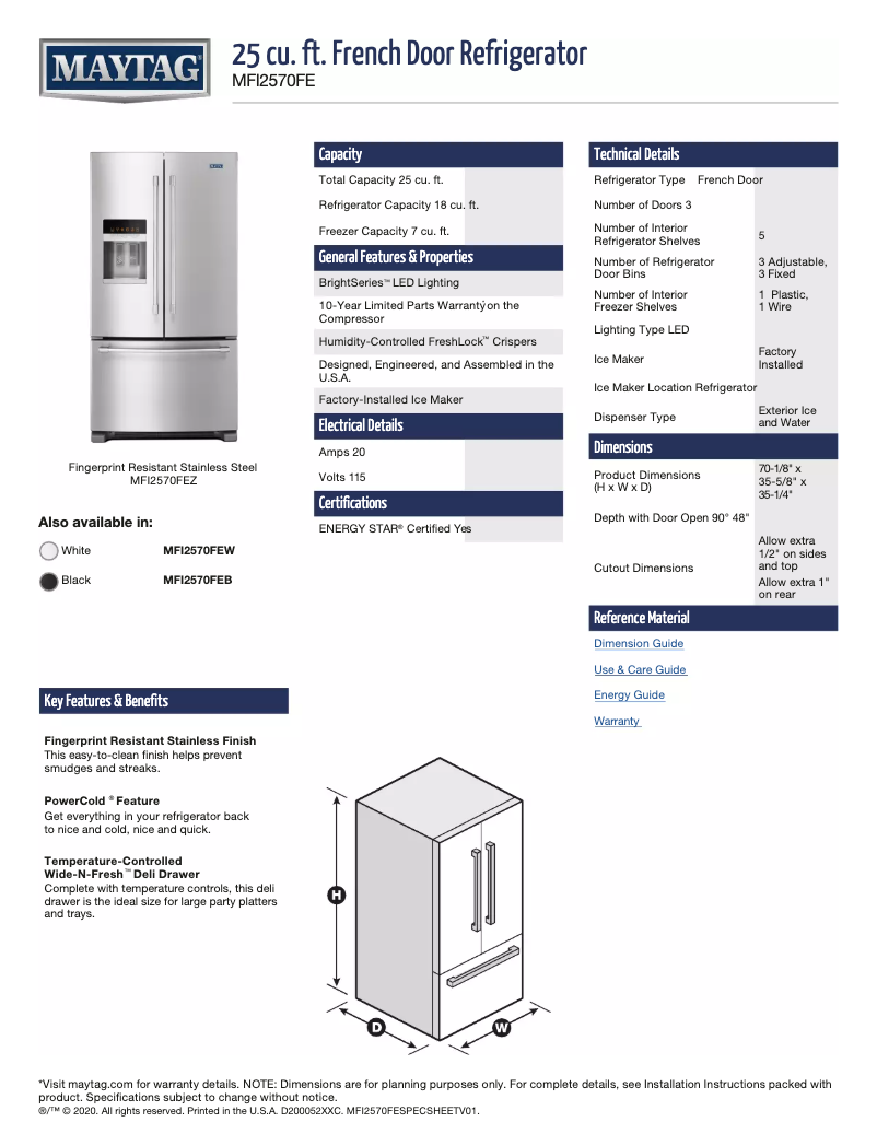 Page 1 de la notice Fiche technique Maytag MFI2570FEW