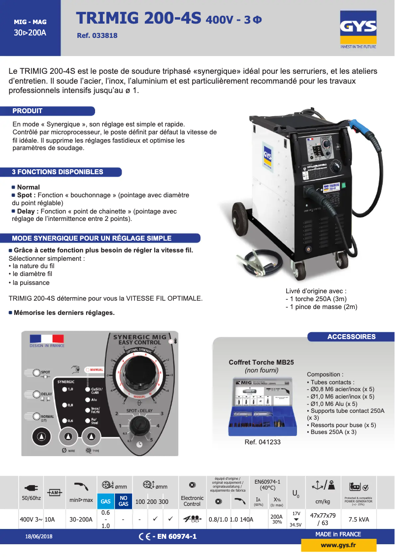 Page n°1 - Fiche technique GYS Trimig 200-4S