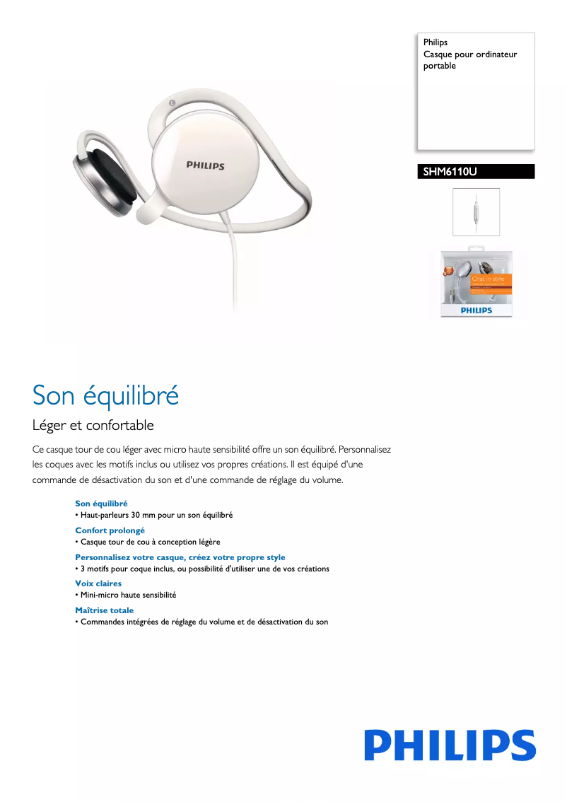Page 1 de la notice Fiche technique Philips SHM6110U