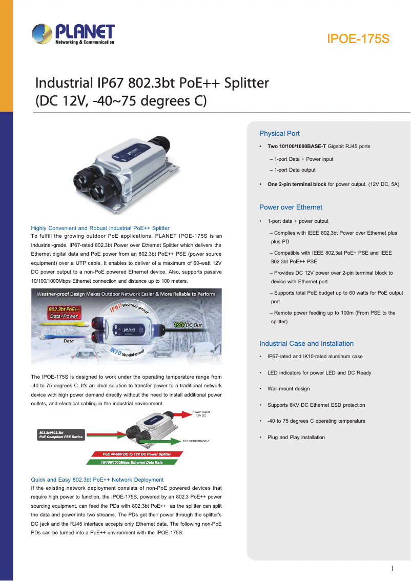 Page 1 de la notice Fiche technique Planet IPOE-175S
