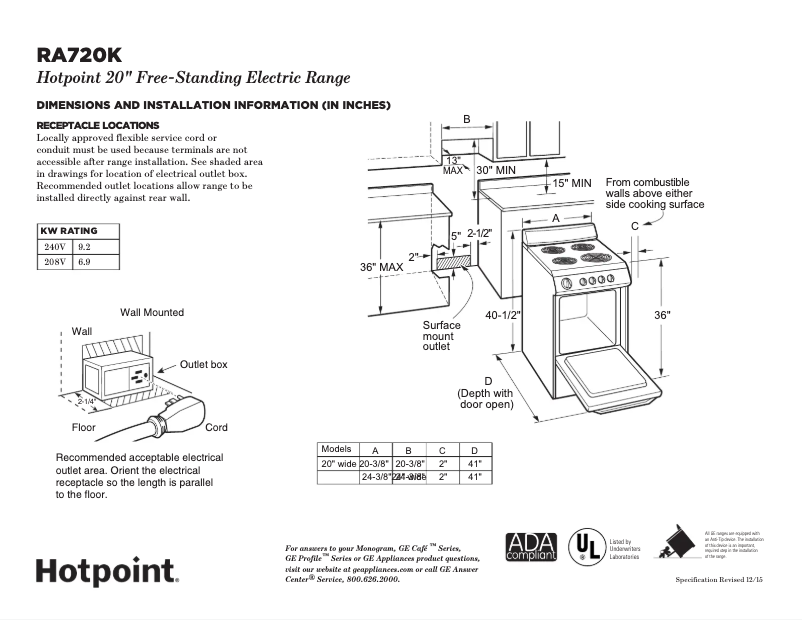 Page 1 de la notice Fiche technique Hotpoint RA720KCT