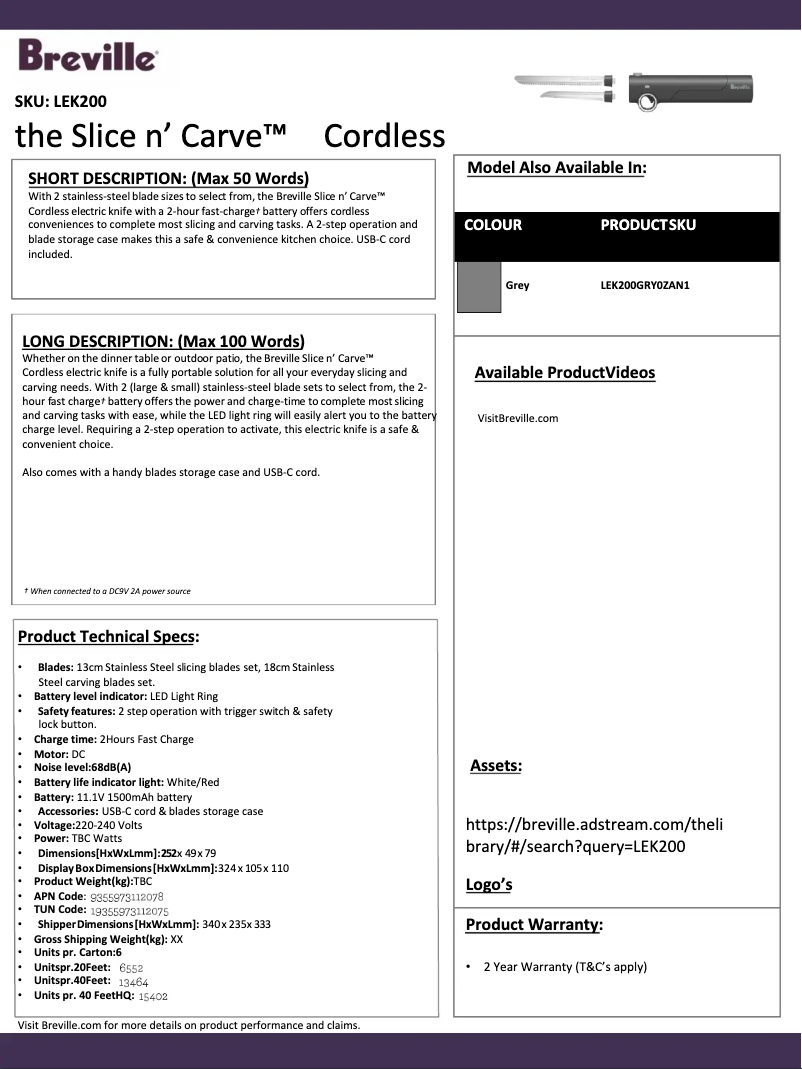 Página 1 del manual Ficha técnica Breville the Slice ‘n’ Carve Cordless LEK200