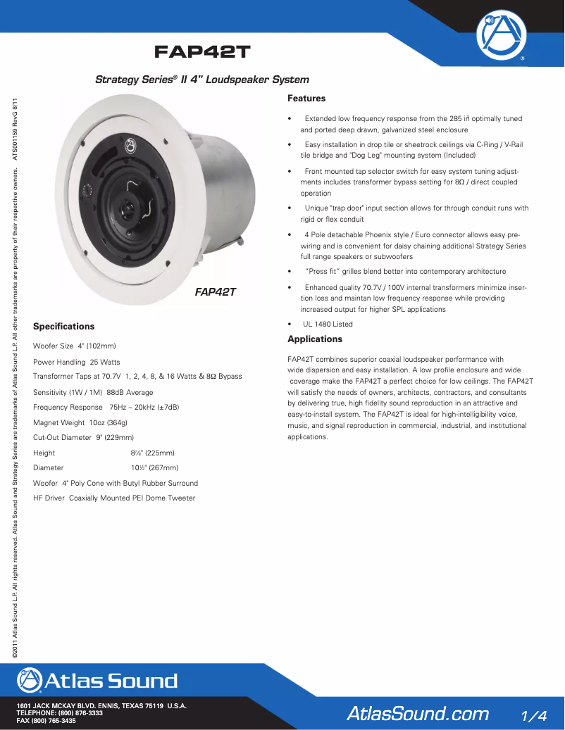 Page 1 de la notice Manuel utilisateur Atlas Sound FAP42T
