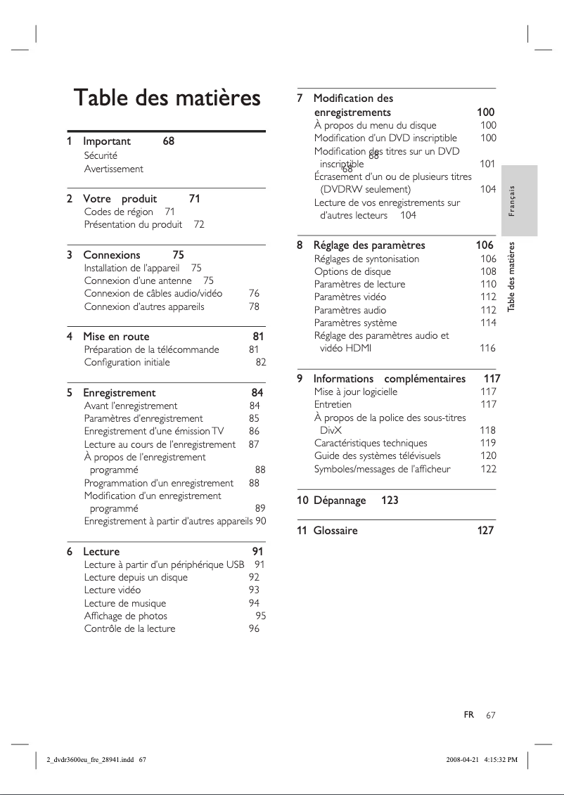 Page 1 de la notice Manuel utilisateur Philips DVDR3600