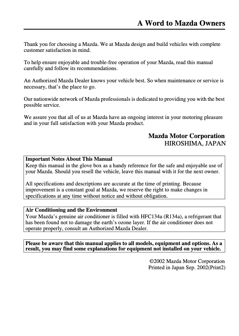 Page 1 de la notice Manuel utilisateur Mazda MVP (2003)