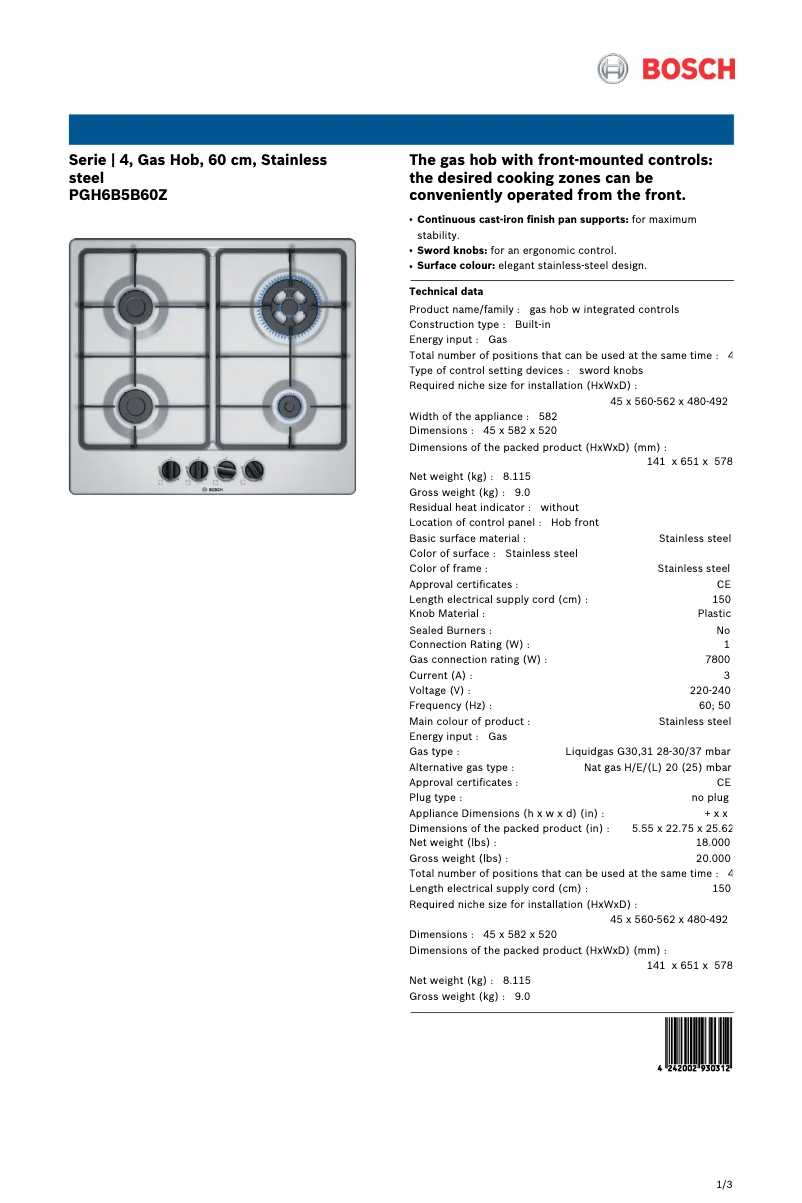Page 1 de la notice Fiche technique Bosch PGH6B5B60Z