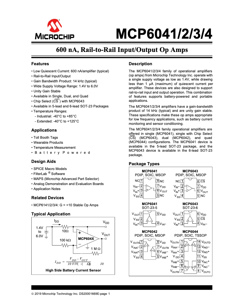 Page 1 de la notice Fiche technique Microchip MCP6042