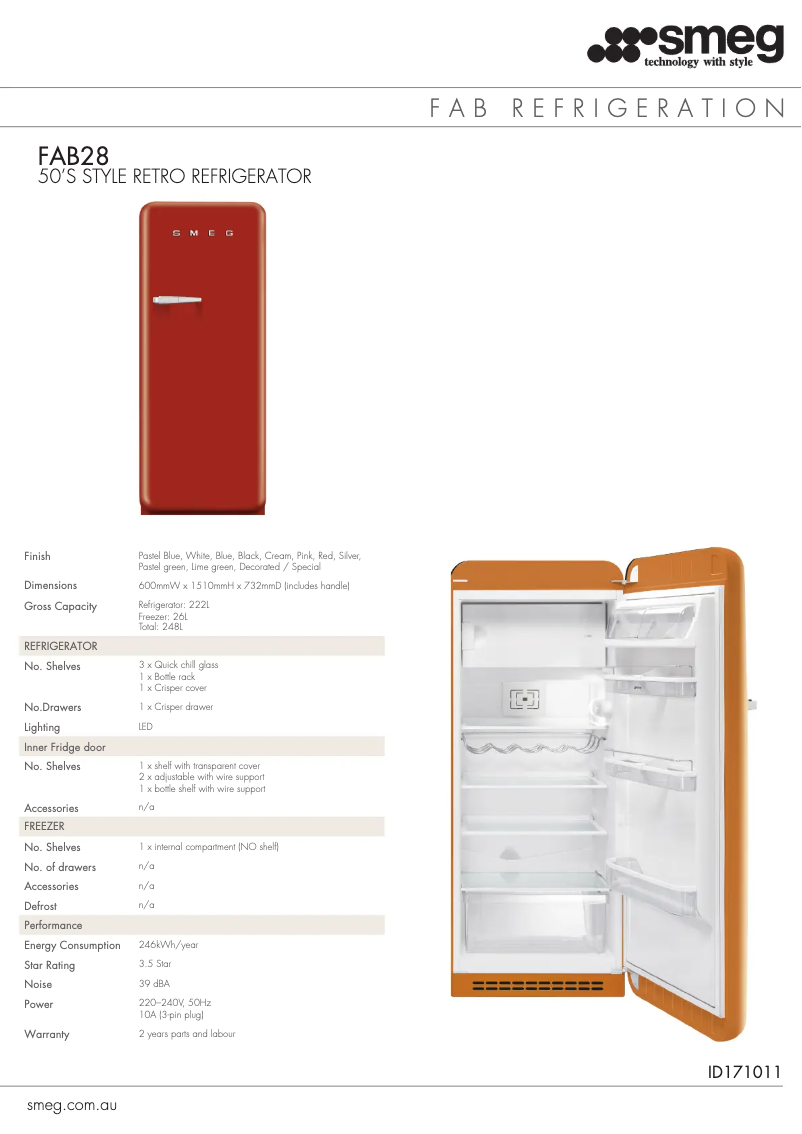 Page 1 de la notice Fiche technique Smeg FAB28RVE1