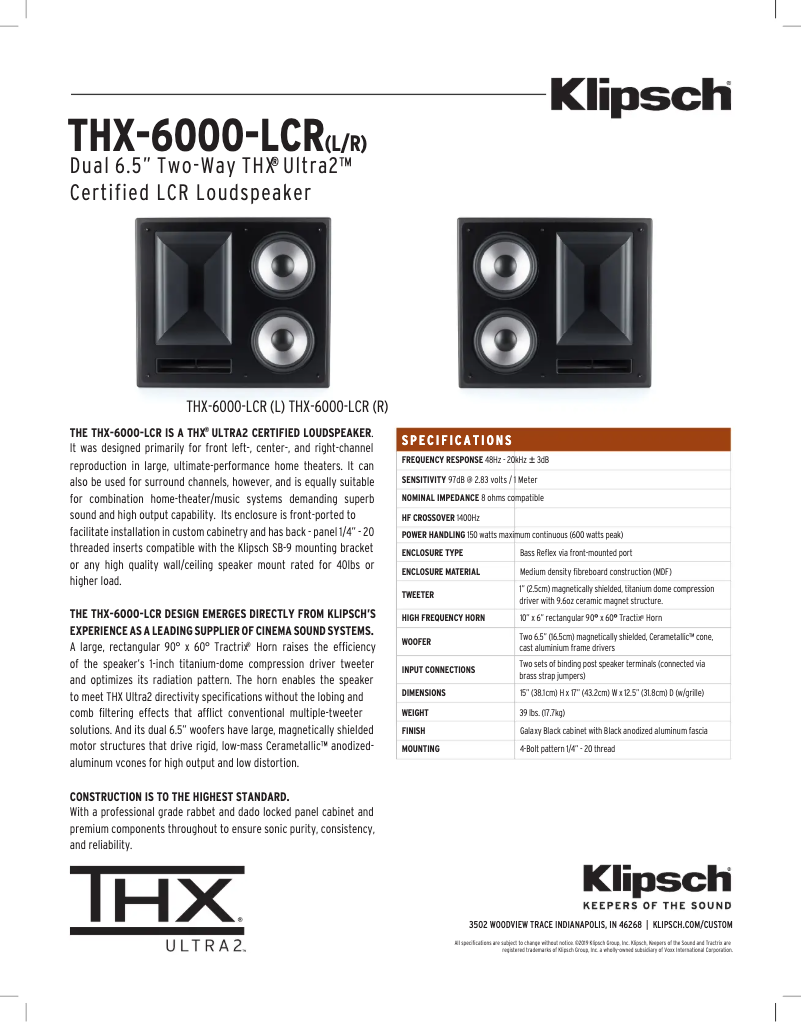 Page 1 de la notice Fiche technique Klipsch THX-6000-LCR