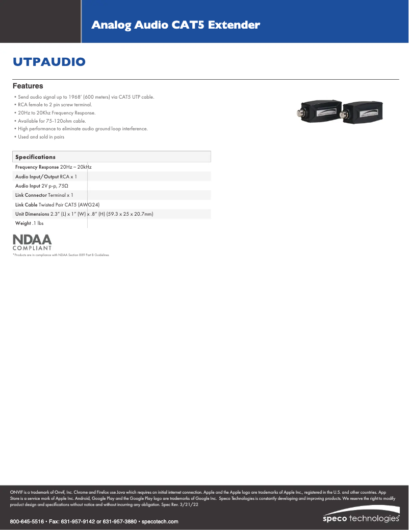 Page 1 de la notice Fiche technique Speco Technologies UTPAUDIO