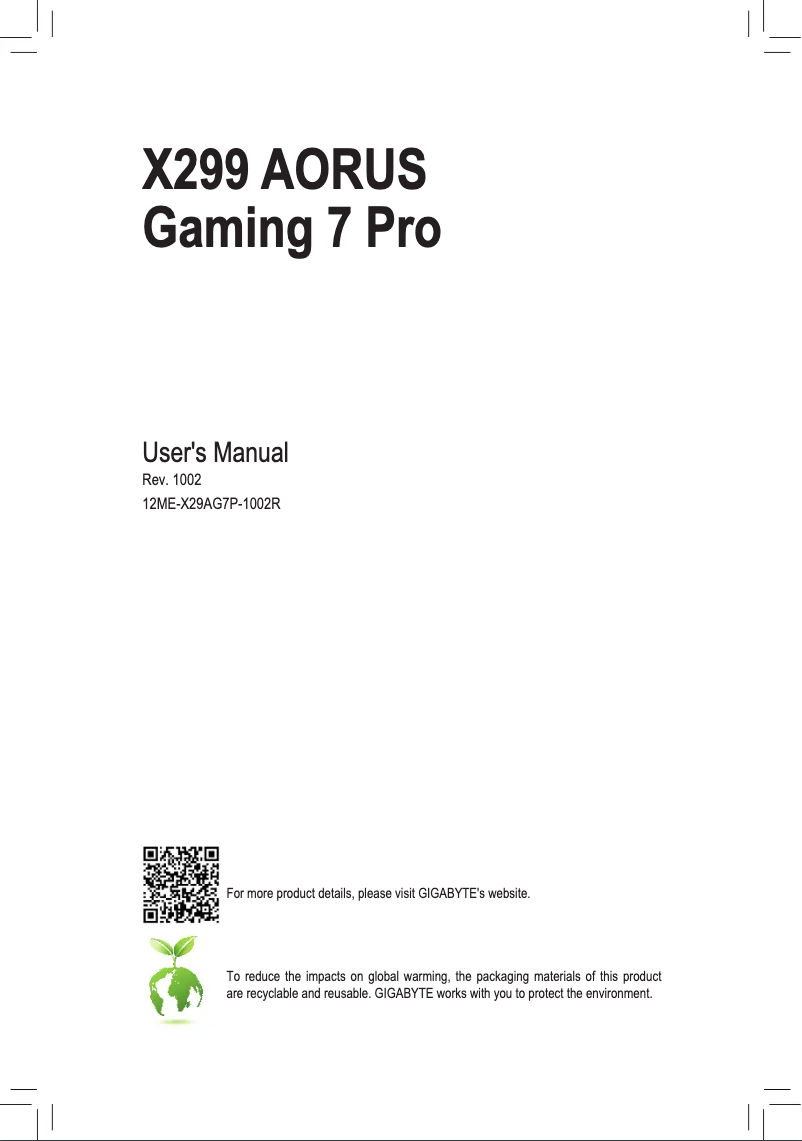 Page 1 de la notice Manuel utilisateur Gigabyte X299 AORUS Gaming 7 Pro