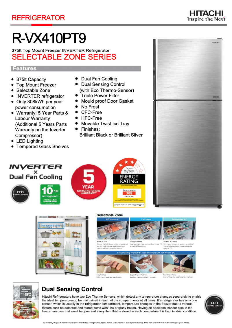 Page 1 de la notice Fiche technique Hitachi R-VX410PT9