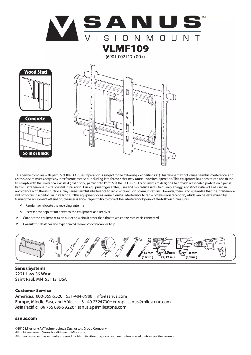 Page 1 de la notice Manuel utilisateur Sanus VisionMount VLMF109