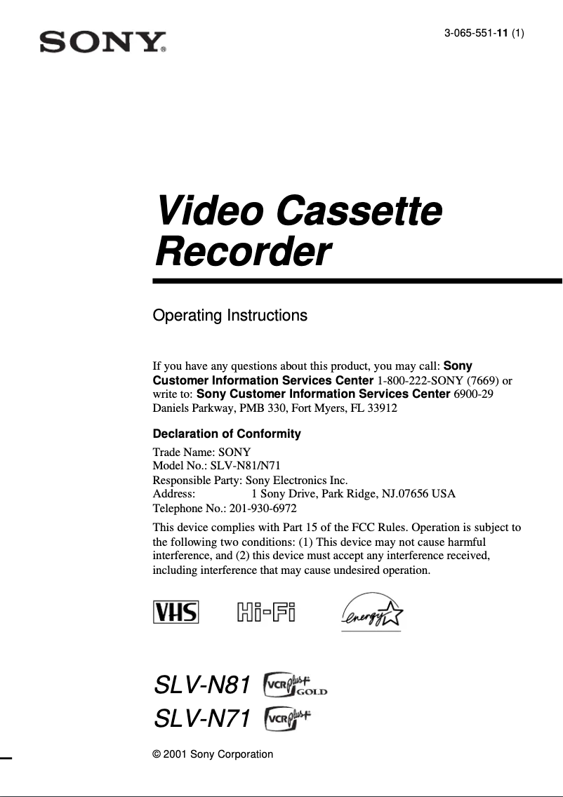 Image de la première page du manuel de l'appareil SLV-N81